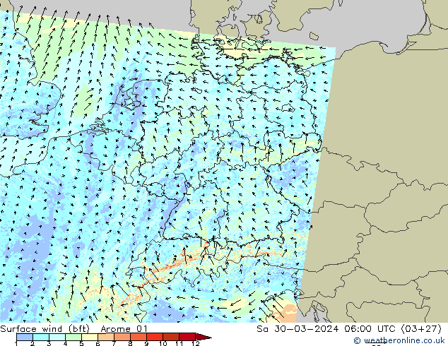 Surface wind (bft) Arome 01 Sa 30.03.2024 06 UTC