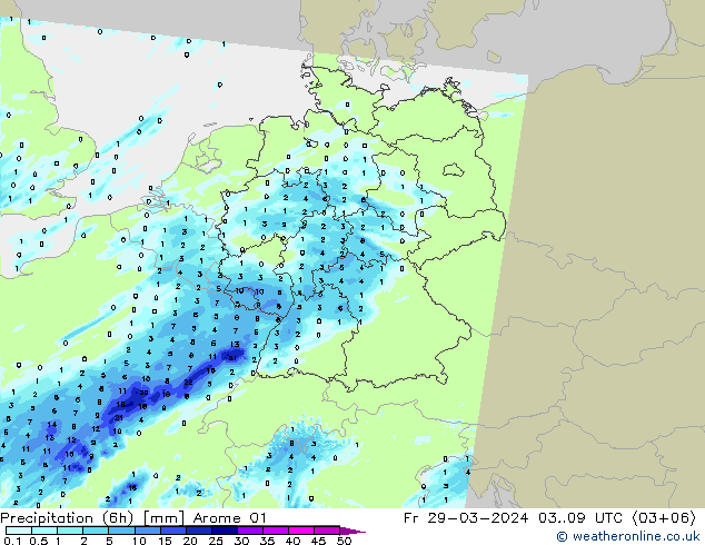 Precipitazione (6h) Arome 01 ven 29.03.2024 09 UTC
