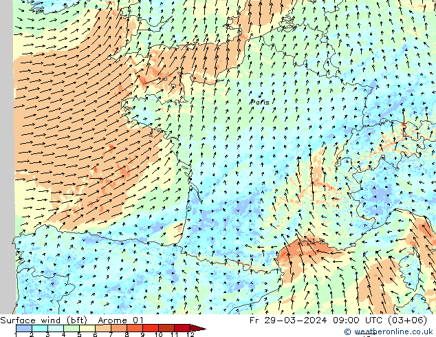 Surface wind (bft) Arome 01 Fr 29.03.2024 09 UTC