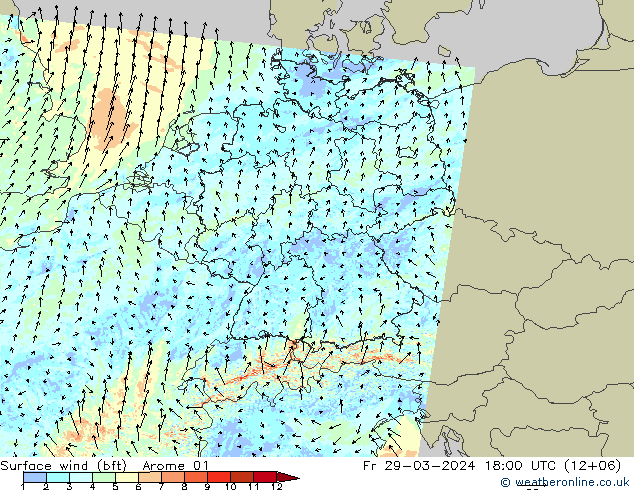 Surface wind (bft) Arome 01 Fr 29.03.2024 18 UTC
