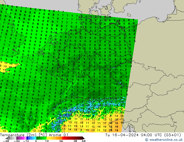 Sıcaklık Haritası (2m) Arome 01 Sa 16.04.2024 04 UTC