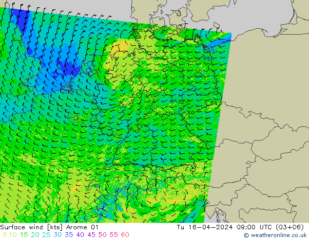 Rüzgar 10 m Arome 01 Sa 16.04.2024 09 UTC
