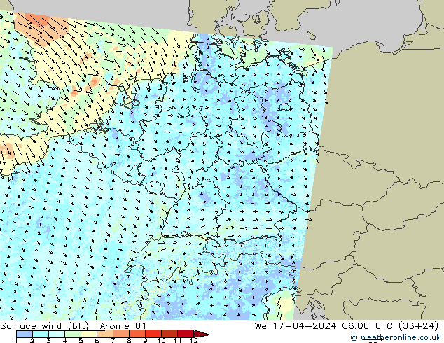 Surface wind (bft) Arome 01 We 17.04.2024 06 UTC