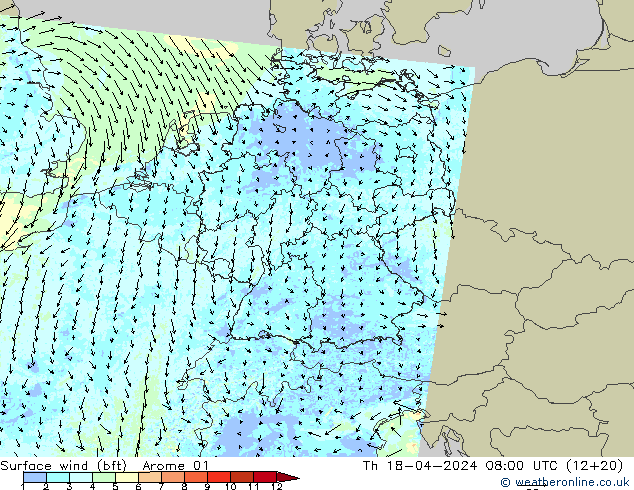 Rüzgar 10 m (bft) Arome 01 Per 18.04.2024 08 UTC