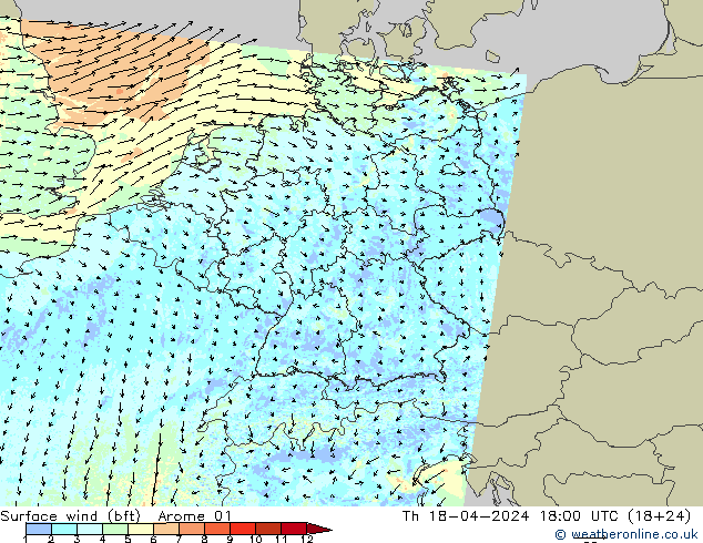 Surface wind (bft) Arome 01 Th 18.04.2024 18 UTC