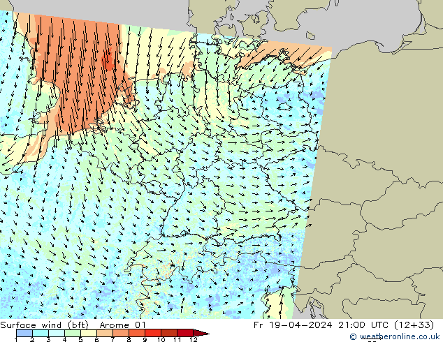 Bodenwind (bft) Arome 01 Fr 19.04.2024 21 UTC