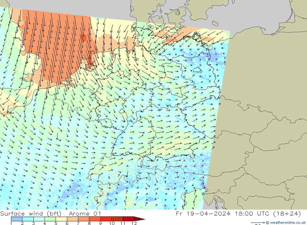 Surface wind (bft) Arome 01 Fr 19.04.2024 18 UTC