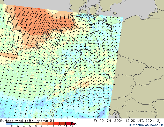 Surface wind (bft) Arome 01 Pá 19.04.2024 12 UTC