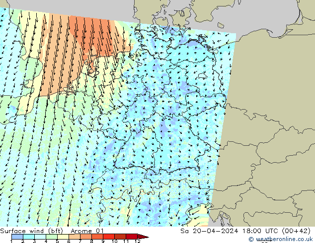 Surface wind (bft) Arome 01 Sa 20.04.2024 18 UTC