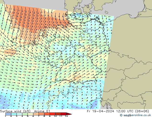 Surface wind (bft) Arome 01 Pá 19.04.2024 12 UTC