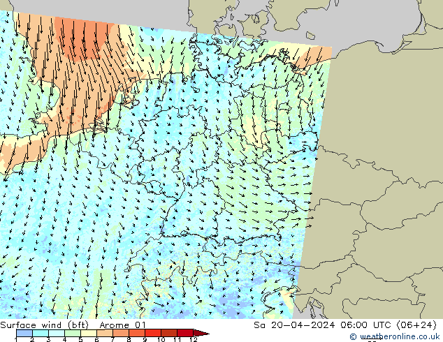 Surface wind (bft) Arome 01 So 20.04.2024 06 UTC