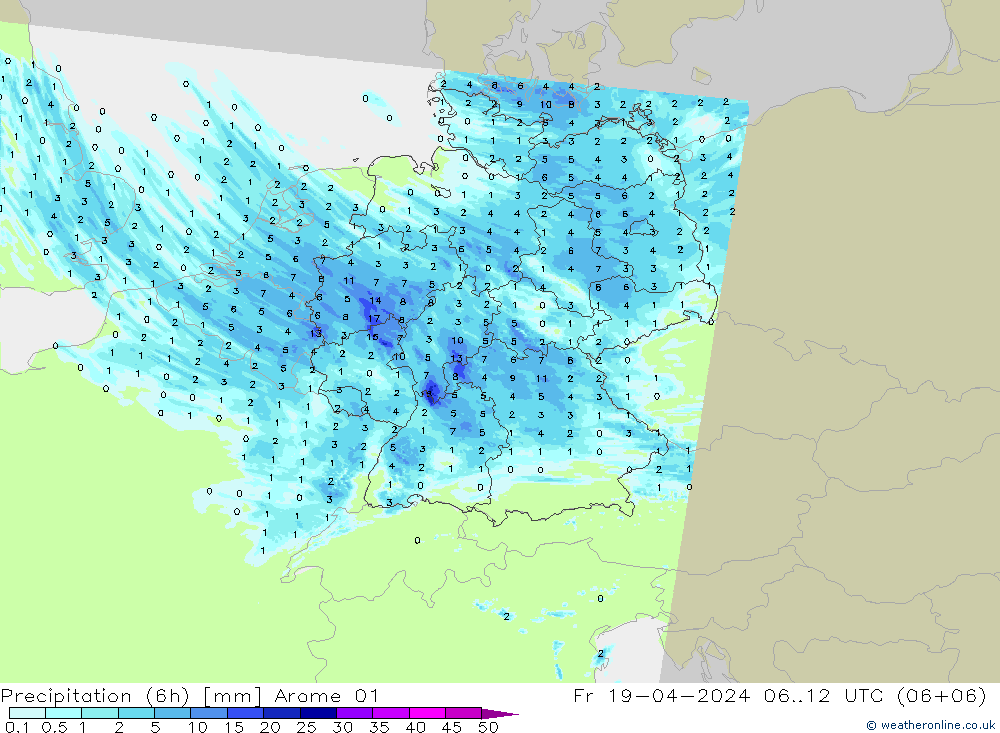 Precipitation (6h) Arome 01 Fr 19.04.2024 12 UTC