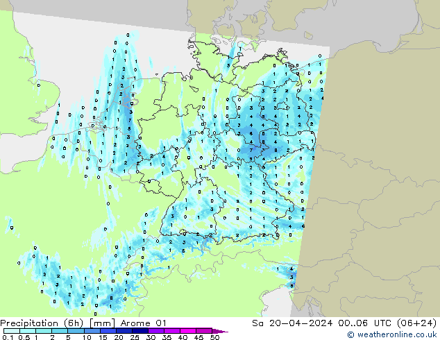 Precipitazione (6h) Arome 01 sab 20.04.2024 06 UTC