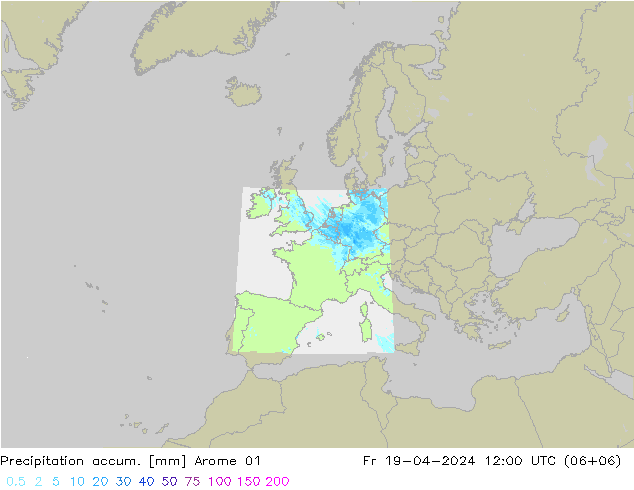 Totale neerslag Arome 01 vr 19.04.2024 12 UTC