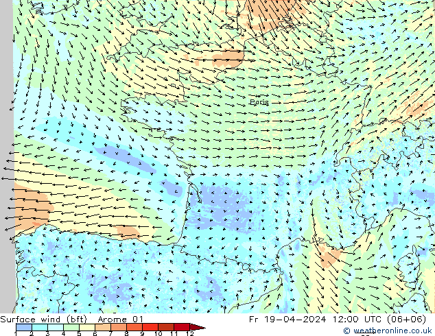 Surface wind (bft) Arome 01 Fr 19.04.2024 12 UTC