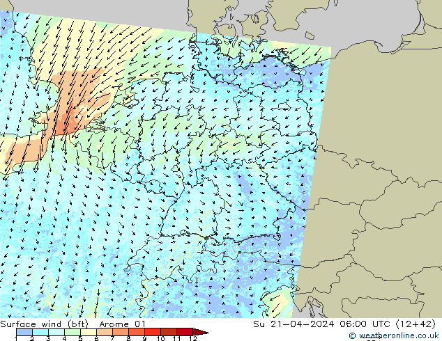 Surface wind (bft) Arome 01 Ne 21.04.2024 06 UTC