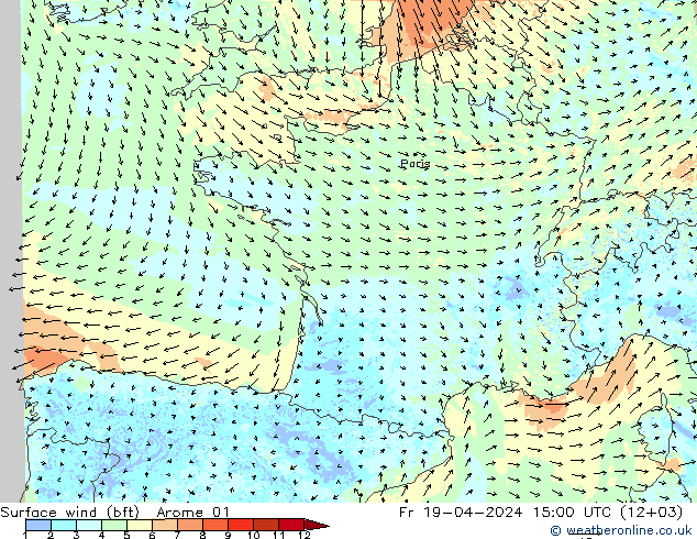 Surface wind (bft) Arome 01 Fr 19.04.2024 15 UTC