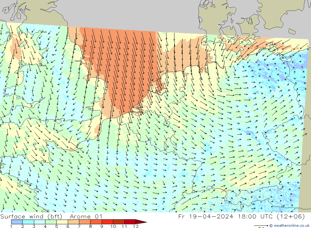 Surface wind (bft) Arome 01 Pá 19.04.2024 18 UTC
