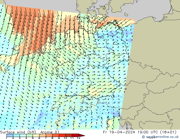 Surface wind (bft) Arome 01 Pá 19.04.2024 19 UTC