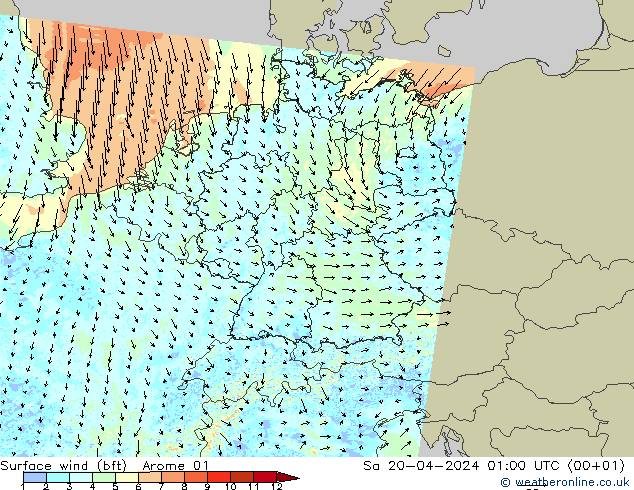 wiatr 10 m (bft) Arome 01 so. 20.04.2024 01 UTC