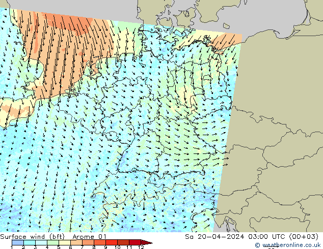 Surface wind (bft) Arome 01 So 20.04.2024 03 UTC
