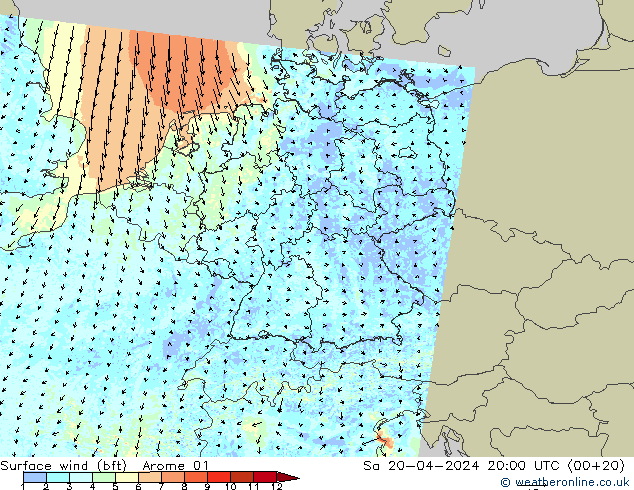 Rüzgar 10 m (bft) Arome 01 Cts 20.04.2024 20 UTC