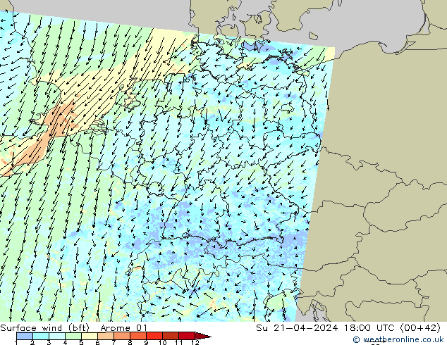 Surface wind (bft) Arome 01 Su 21.04.2024 18 UTC