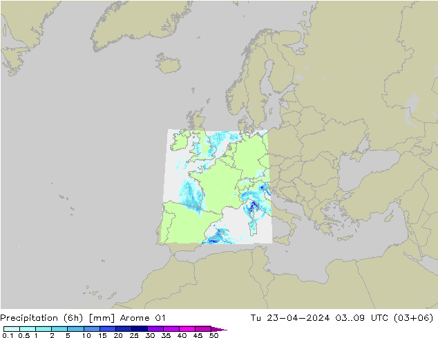 Precipitation (6h) Arome 01 Tu 23.04.2024 09 UTC