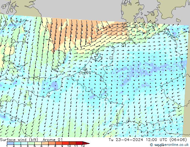Surface wind (bft) Arome 01 Tu 23.04.2024 12 UTC