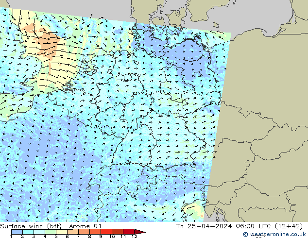 Surface wind (bft) Arome 01 Th 25.04.2024 06 UTC