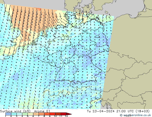 Surface wind (bft) Arome 01 Út 23.04.2024 21 UTC