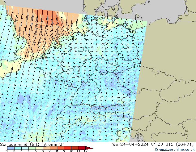 Surface wind (bft) Arome 01 We 24.04.2024 01 UTC
