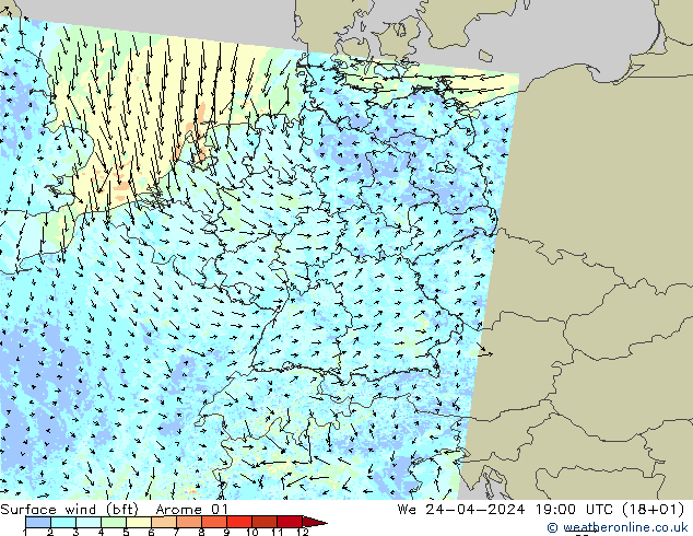 wiatr 10 m (bft) Arome 01 śro. 24.04.2024 19 UTC
