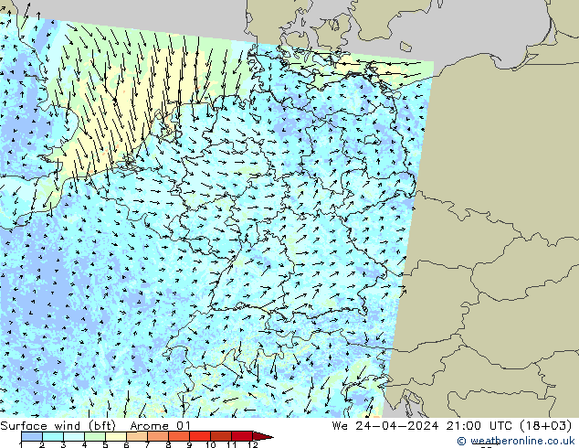 wiatr 10 m (bft) Arome 01 śro. 24.04.2024 21 UTC