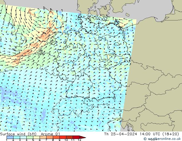 Surface wind (bft) Arome 01 Th 25.04.2024 14 UTC