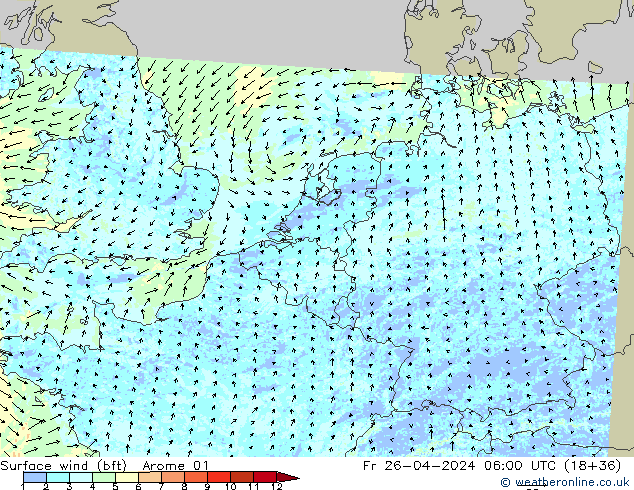 Surface wind (bft) Arome 01 Fr 26.04.2024 06 UTC