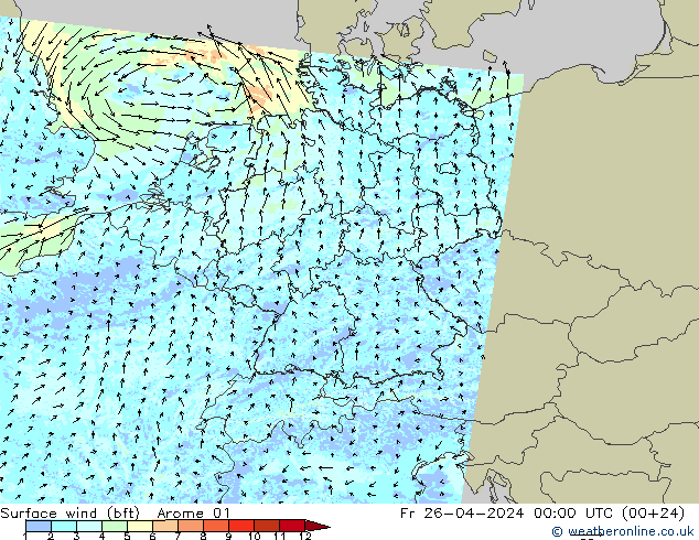 wiatr 10 m (bft) Arome 01 pt. 26.04.2024 00 UTC