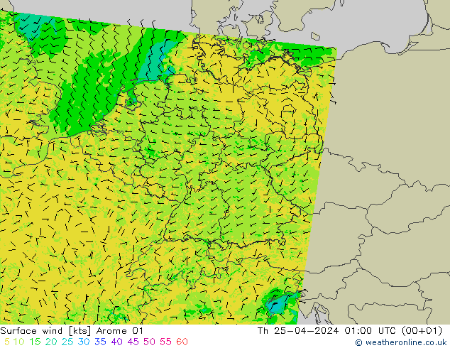 Wind 10 m Arome 01 do 25.04.2024 01 UTC