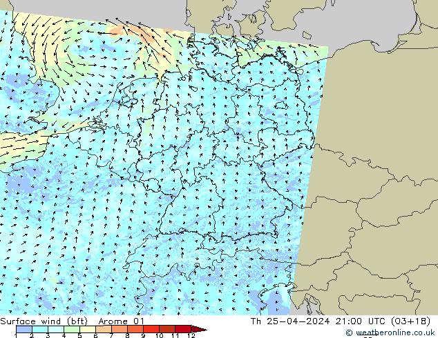 Surface wind (bft) Arome 01 Th 25.04.2024 21 UTC