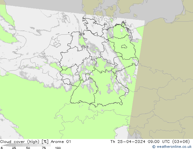 zachmurzenie (wysokie) Arome 01 czw. 25.04.2024 09 UTC