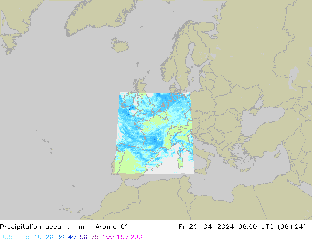 Precipitation accum. Arome 01 Fr 26.04.2024 06 UTC