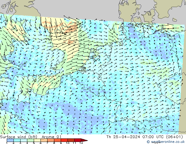 Surface wind (bft) Arome 01 Th 25.04.2024 07 UTC