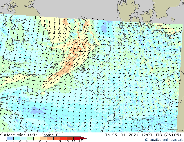 Surface wind (bft) Arome 01 Čt 25.04.2024 12 UTC