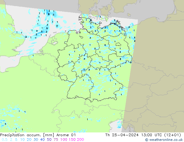 Precipitation accum. Arome 01 Čt 25.04.2024 13 UTC