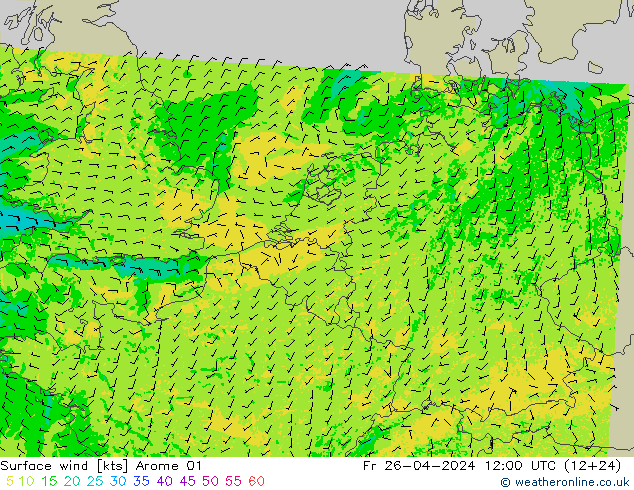 Surface wind Arome 01 Pá 26.04.2024 12 UTC