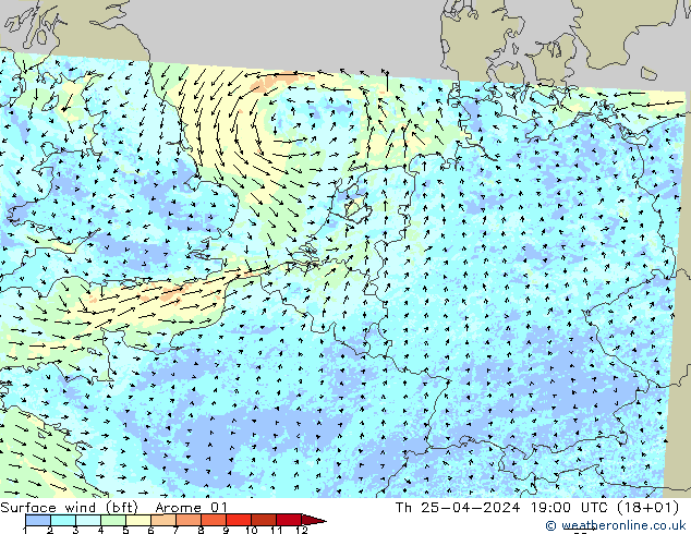 Surface wind (bft) Arome 01 Čt 25.04.2024 19 UTC