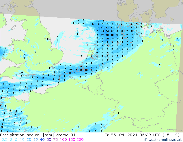 Precipitation accum. Arome 01 Fr 26.04.2024 06 UTC