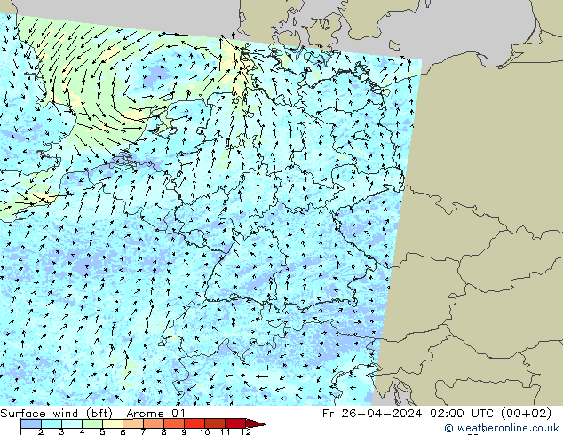 Surface wind (bft) Arome 01 Fr 26.04.2024 02 UTC