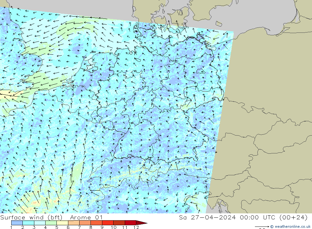 Surface wind (bft) Arome 01 Sa 27.04.2024 00 UTC