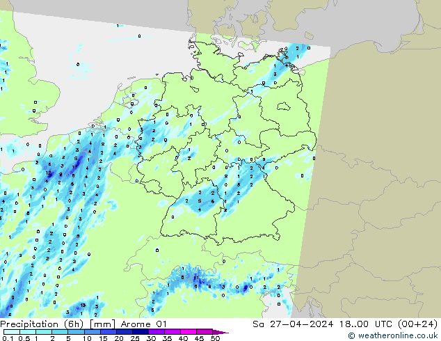 Precipitation (6h) Arome 01 Sa 27.04.2024 00 UTC